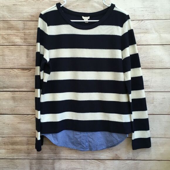J CREW NAVY BLUE AND WHITE STRIPED SHIRTTAIL SWEATSHIRT - Picture 1 of 5